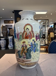 A Chinese famille rose 'Qun Xian Hui 群仙會' vase, signed Cai Yun 蔡雲, Qianlong mark, dated 1943