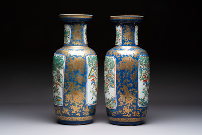 A pair of Chinese famille verte blue-ground gilt-decorated vases and a famille rose 'Elegant Beauties' vase, 19th C.