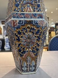 A rare Chinese hexagonal copper-red, blue and white brown-ground vase, 19th C.