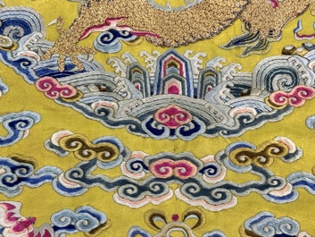 An imperial Chinese embroidered silk gold-thread yellow-ground cushion cover, Qianlong/Jiaqing