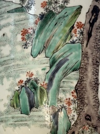 A fine Chinese famille verte 'Sanxing' rouleau vase with a gilt-bronze mount, Qing