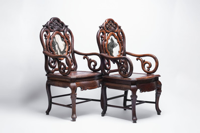 A set of three Chinese marble-inset hongmu chairs, 19th C.