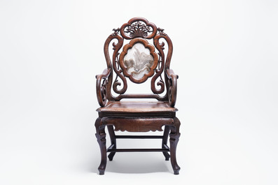 A set of three Chinese marble-inset hongmu chairs, 19th C.