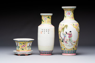Seven Chinese famille rose vases, a scroll jar and a jardini&egrave;re on a stand, Qianlong marks, 20th C.