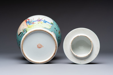 Two Chinese famille rose yellow-ground vases and a turquoise-ground vase, Qianlong and Jing De Zhen 景德鎮 marks, 20th C.