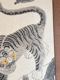 Korean school: 'A pair of tiger paintings', ink and colour on paper, Joseon, 19th C.