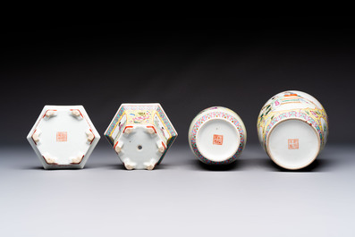 Seven Chinese famille rose vases, a scroll jar and a jardini&egrave;re on a stand, Qianlong marks, 20th C.