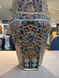A rare Chinese hexagonal copper-red, blue and white brown-ground vase, 19th C.