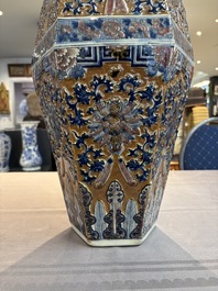 A rare Chinese hexagonal copper-red, blue and white brown-ground vase, 19th C.