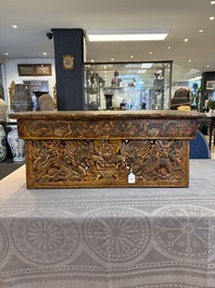 Two Tibetan polychromed wooden folding tables with dragon design, 19/20th C.
