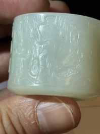 A fine Chinese white jade inscribed archer ring, Zigang 子岡 mark, 18th C.