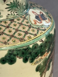 A fine Chinese famille verte 'Sanxing' rouleau vase with a gilt-bronze mount, Qing