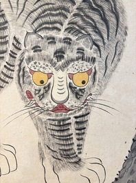 Korean school: 'A pair of tiger paintings', ink and colour on paper, Joseon, 19th C.