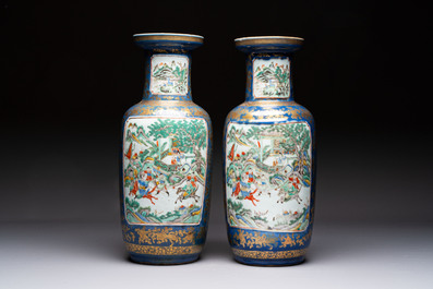 A pair of Chinese famille verte blue-ground gilt-decorated vases and a famille rose 'Elegant Beauties' vase, 19th C.