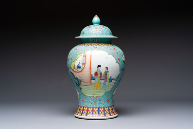Two Chinese famille rose yellow-ground vases and a turquoise-ground vase, Qianlong and Jing De Zhen 景德鎮 marks, 20th C.