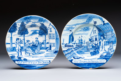 Four blue and white Dutch Delft 'Herring Fishery' plates, 18th C.
