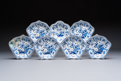 A blue and white Dutch Delft seven-piece sweetmeat dish set, 19th C.