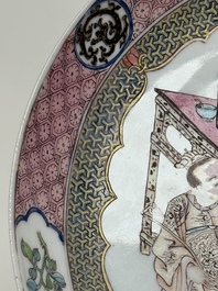 A fine Chinese famille rose ruby-back eggshell plate with a lady and playing boys, Yongzheng