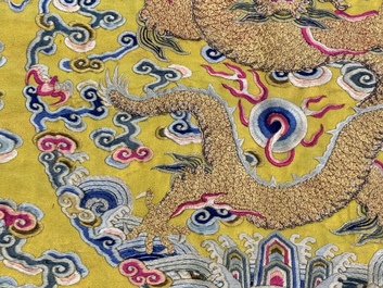An imperial Chinese embroidered silk gold-thread yellow-ground cushion cover, Qianlong/Jiaqing