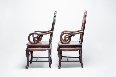 A set of three Chinese marble-inset hongmu chairs, 19th C.