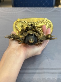 A fine Sino-Tibetan turquoise- and coral-inlaid gilt-bronze Buddha Maitreya, Kangxi
