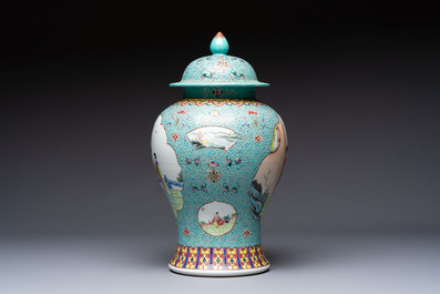 Two Chinese famille rose yellow-ground vases and a turquoise-ground vase, Qianlong and Jing De Zhen 景德鎮 marks, 20th C.