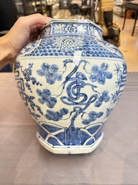 A Chinese blue and white hexagonal 'Three Friends of Winter' and 'shou 壽' vase, Wanli