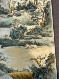 A pair of Chinese famille rose 'landscape' plaques, signed Zhen Feng 振豐, dated 1899