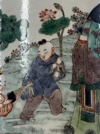A fine Chinese famille verte 'Sanxing' rouleau vase with a gilt-bronze mount, Qing