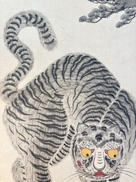 Korean school: 'A pair of tiger paintings', ink and colour on paper, Joseon, 19th C.