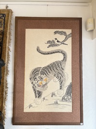 Korean school: 'A pair of tiger paintings', ink and colour on paper, Joseon, 19th C.