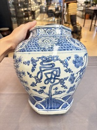 A Chinese blue and white hexagonal 'Three Friends of Winter' and 'shou 壽' vase, Wanli