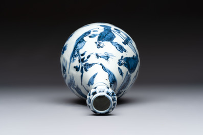 A rare Chinese blue and white 'Immortals' garlic-mouth bottle vase, Wanli/Tianqi