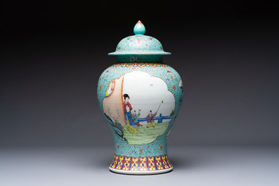 Two Chinese famille rose yellow-ground vases and a turquoise-ground vase, Qianlong and Jing De Zhen 景德鎮 marks, 20th C.