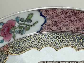 A fine Chinese famille rose ruby-back eggshell plate with a lady and playing boys, Yongzheng
