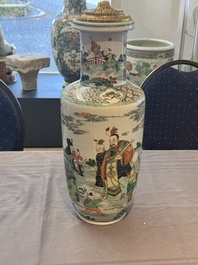 A fine Chinese famille verte 'Sanxing' rouleau vase with a gilt-bronze mount, Qing