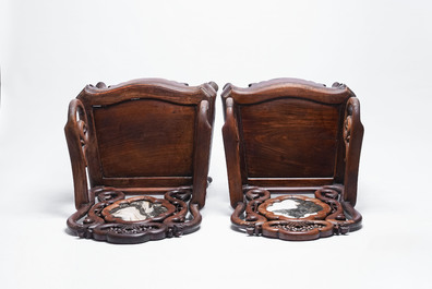 A set of three Chinese marble-inset hongmu chairs, 19th C.