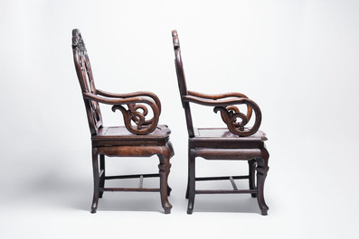 A set of three Chinese marble-inset hongmu chairs, 19th C.