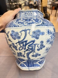 A Chinese blue and white hexagonal 'Three Friends of Winter' and 'shou 壽' vase, Wanli
