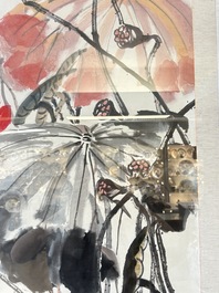 In the manner of Qi Baishi (1864-1957): 'Kingfishers Among Lotus', ink and colour on paper, signed