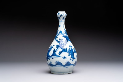 A rare Chinese blue and white 'Immortals' garlic-mouth bottle vase, Liao 料 mark, Wanli/Tianqi
