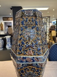 A rare Chinese hexagonal copper-red, blue and white brown-ground vase, 19th C.