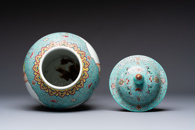 Two Chinese famille rose yellow-ground vases and a turquoise-ground vase, Qianlong and Jing De Zhen 景德鎮 marks, 20th C.