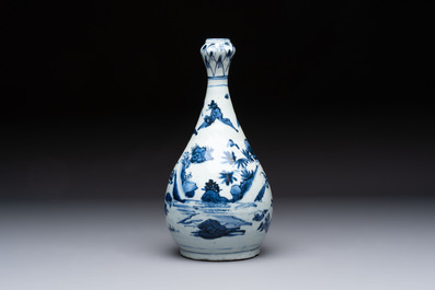 A rare Chinese blue and white 'Immortals' garlic-mouth bottle vase, Wanli/Tianqi