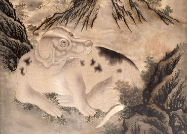 A fine Chinese embroidered silk 'Dog among the Mountains' panel and two 'Poem' panels, signed Chen Yueying 陳月英, 19th C.