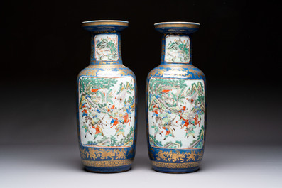 A pair of Chinese famille verte blue-ground gilt-decorated vases and a famille rose 'Elegant Beauties' vase, 19th C.