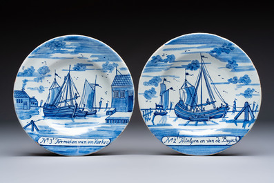 Four blue and white Dutch Delft 'Herring Fishery' plates, 18th C.