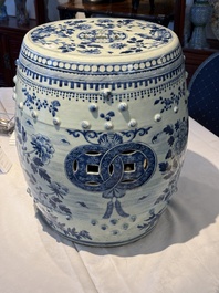 A Chinese blue and white 'birds among flowering branches' garden seat, 19th C.