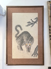 Korean school: 'A pair of tiger paintings', ink and colour on paper, Joseon, 19th C.