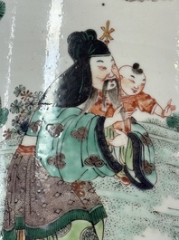 A fine Chinese famille verte 'Sanxing' rouleau vase with a gilt-bronze mount, Qing